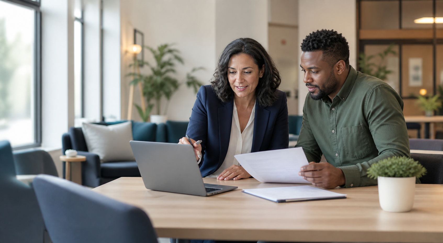 Employment coach helping a customer review application materials at a desk